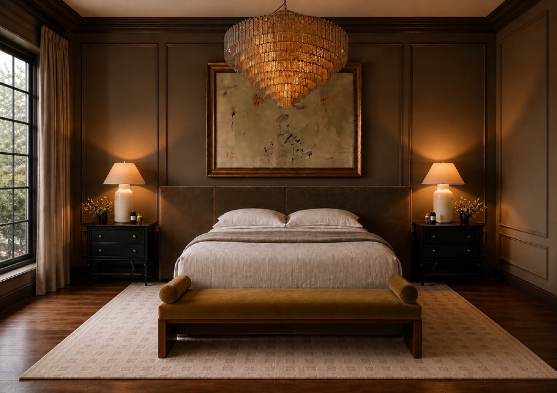An intimate bedroom in espresso tones with warm bedside lamps, gold-leaf artwork and an olive upholstered bench.