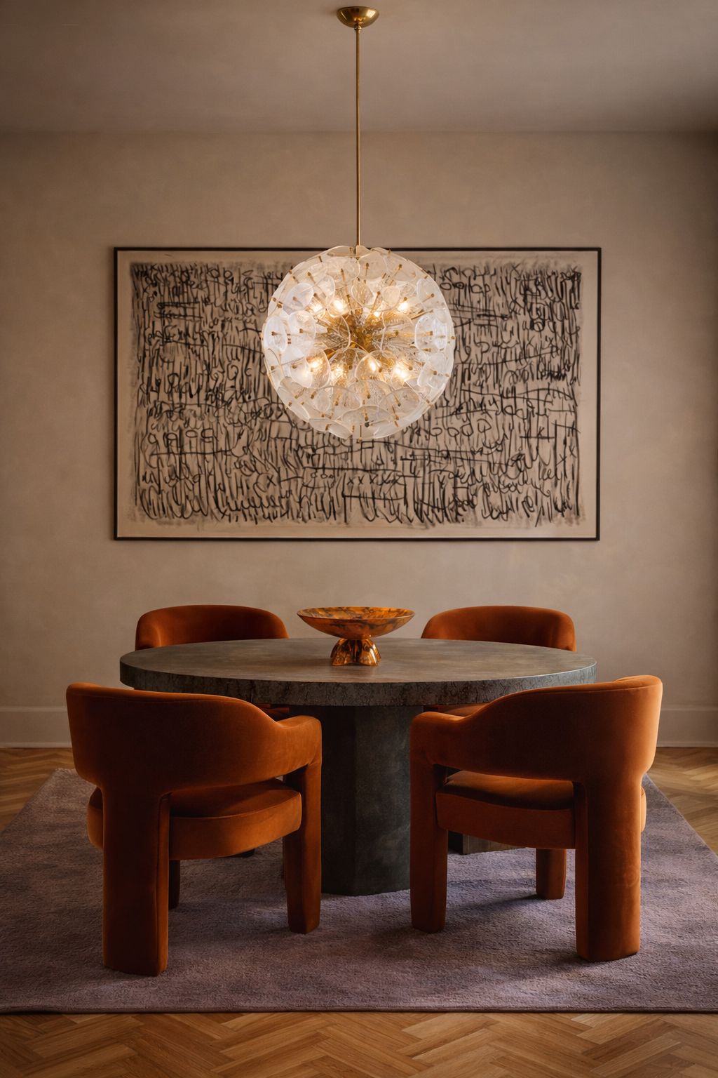 A dining area with a round stone pedestal table, terracotta velvet armchairs and a sputnik glass chandelier set against a large abstract artwork.
