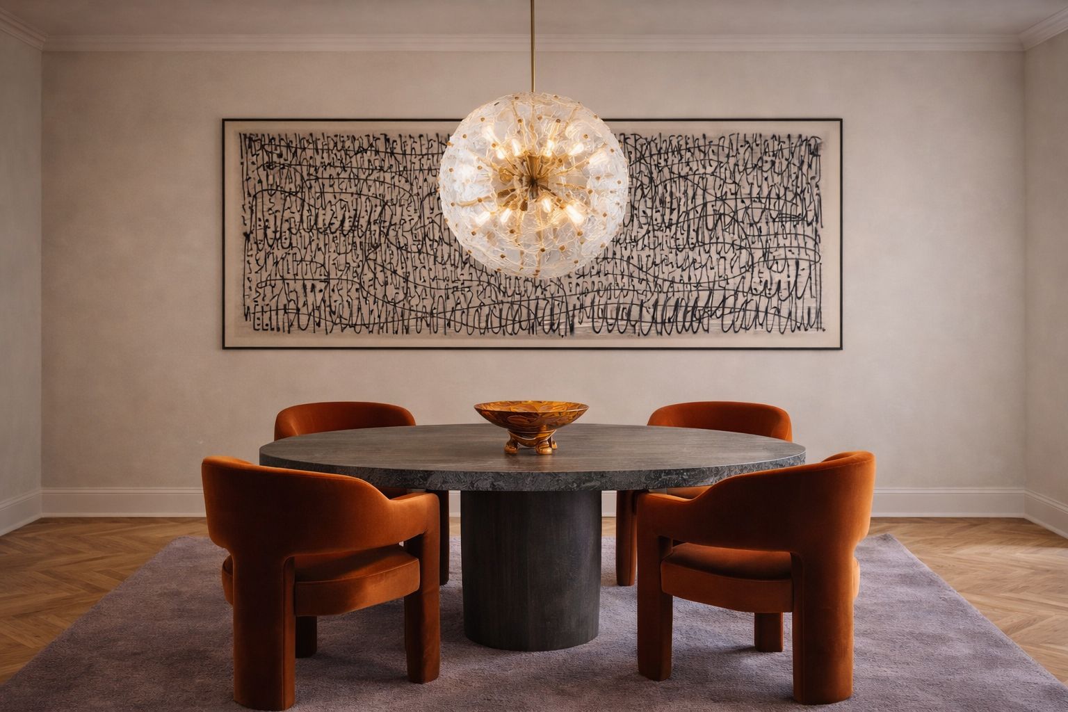 A dining room with a round grey stone table, four terracotta velvet armchairs and a sputnik glass chandelier beneath a wide abstract artwork, on a lilac rug over herringbone parquet.